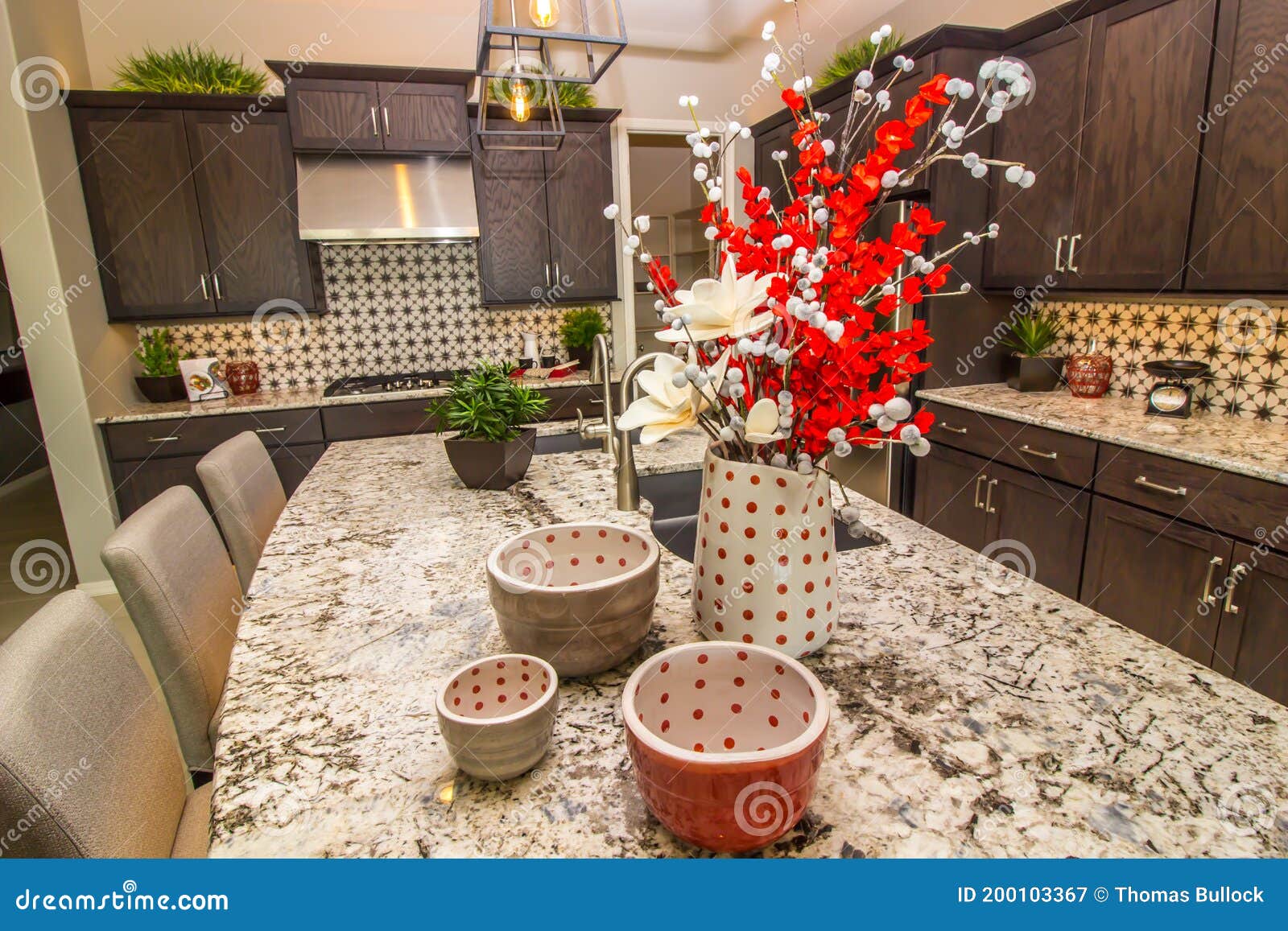 Kitchen with Granite Counters and Decorative Items Stock Image ...