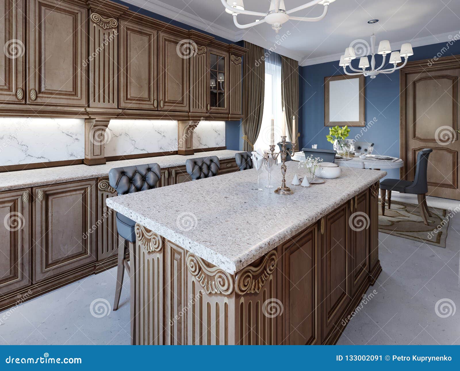 Kitchen With Granite Island And Cherry Wood Cabinetry Stock
