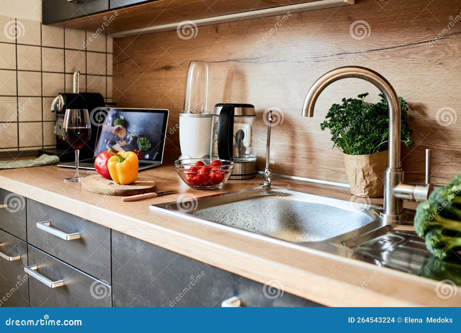 Kitchen with Groceries on the Table for Cooking. Stock Photo - Image of ...