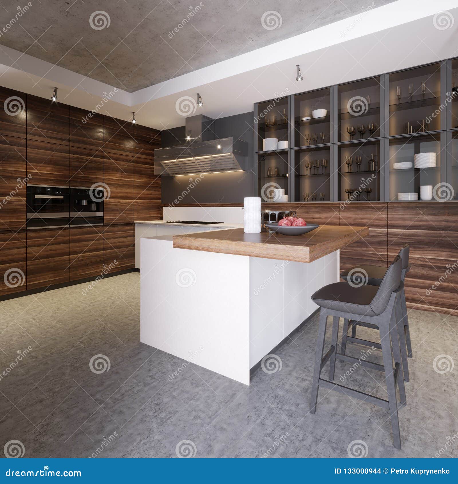 Kitchen Interior With Concrete Walls White Countertops And