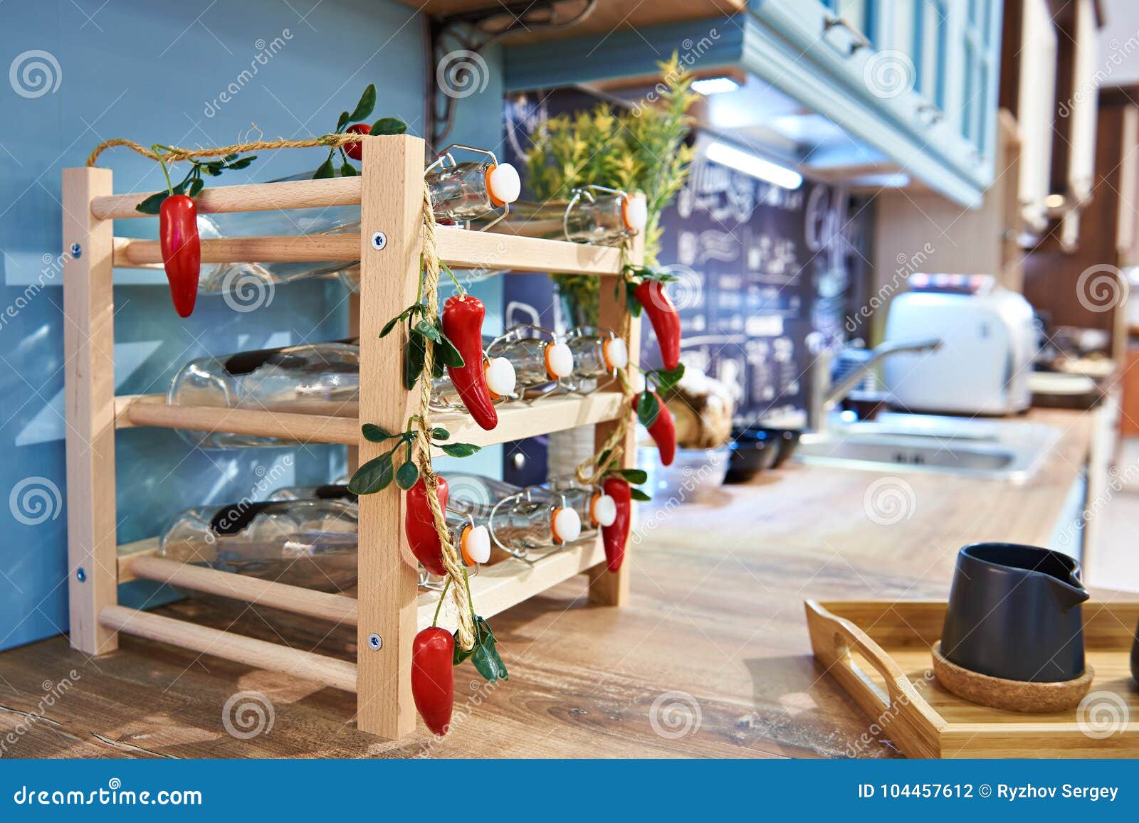 Kitchen Interior with Decorative Bottle Stand Stock Photo Image of