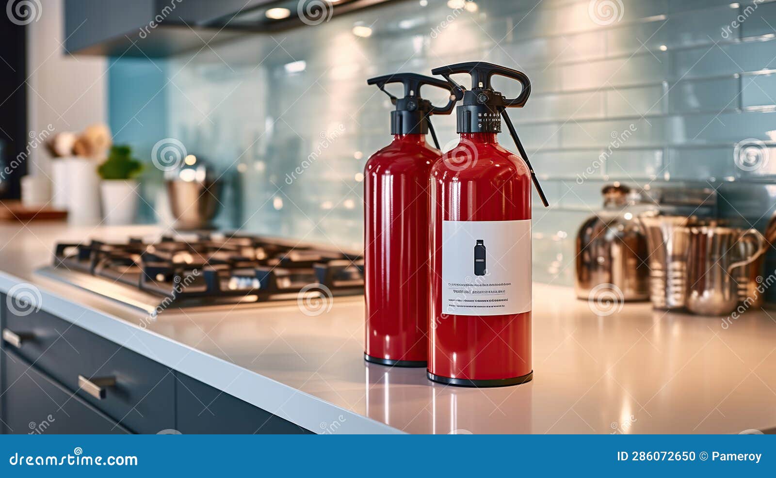 Kitchen Interior with Fire Extinguisher and Cooking Unit on the White