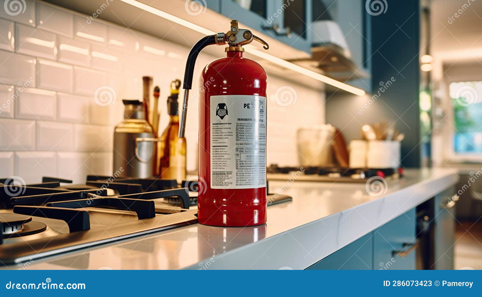 Kitchen Interior with Fire Extinguisher and Cooking Unit on the White