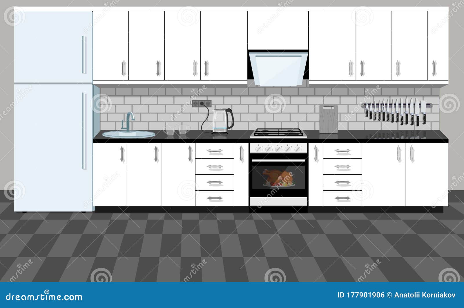 Kitchen Interior with Furniture. Home Cooking Room with Kitchen ...