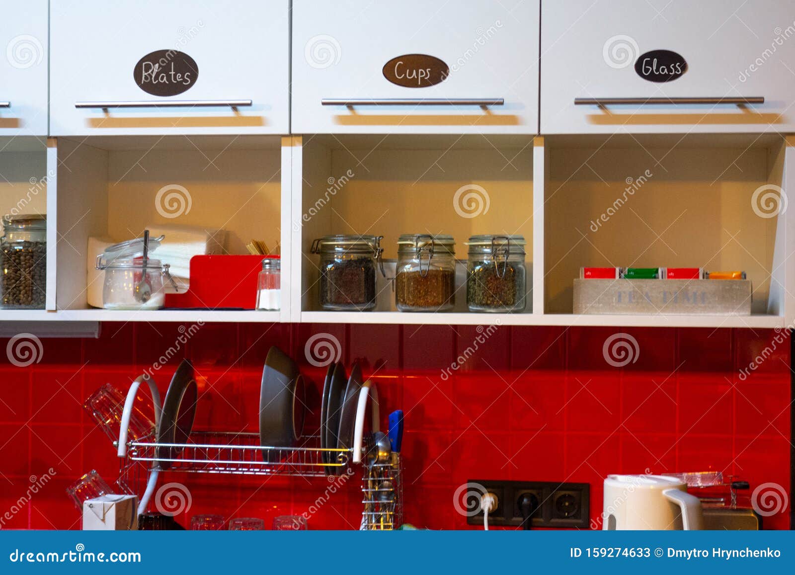 Kitchen Interior At Home Or Small Office Red Tile Wall And White