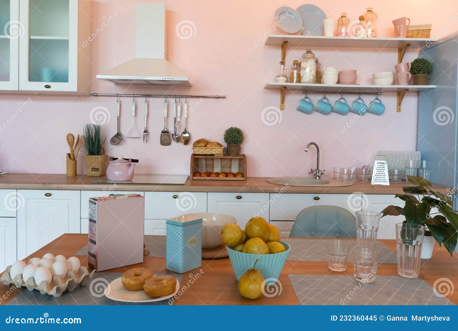 Kitchen Interior with Large Dining Table in Modern Apartment Stock
