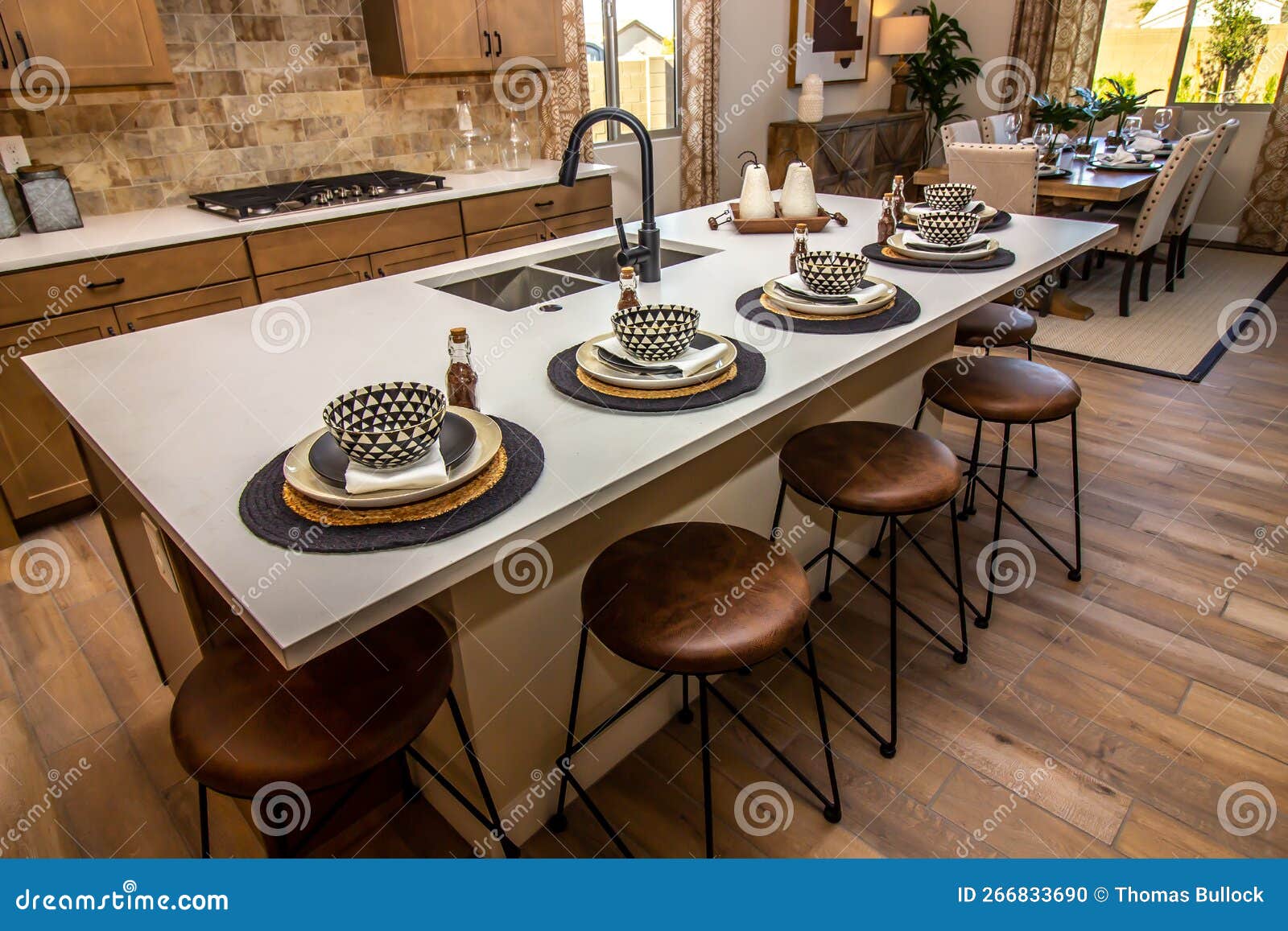 Kitchen Island Counter Top with Five Place Settings Stock Photo Image