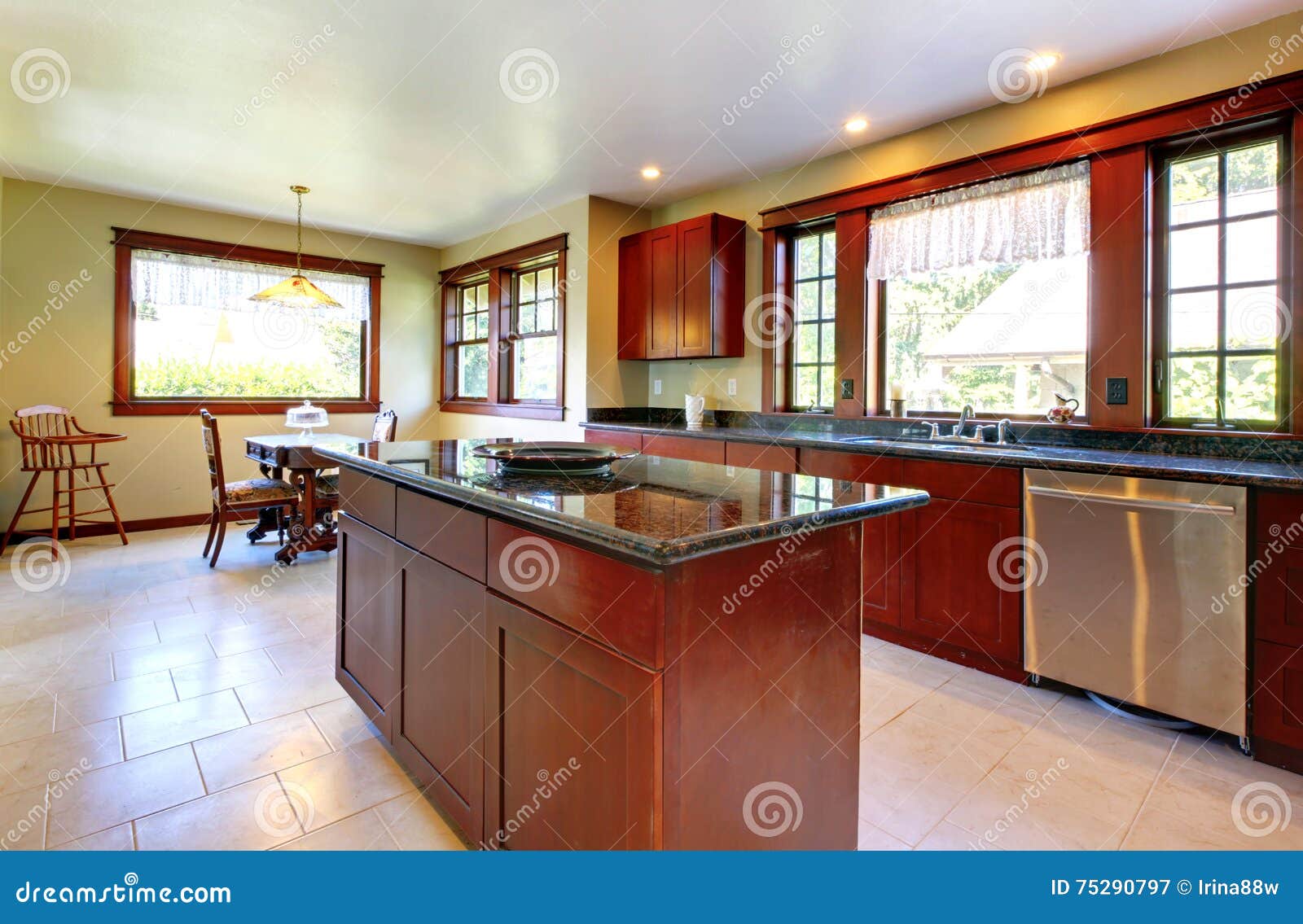 Kitchen with Island and Dark Wood Floor. Stock Image Image of bois