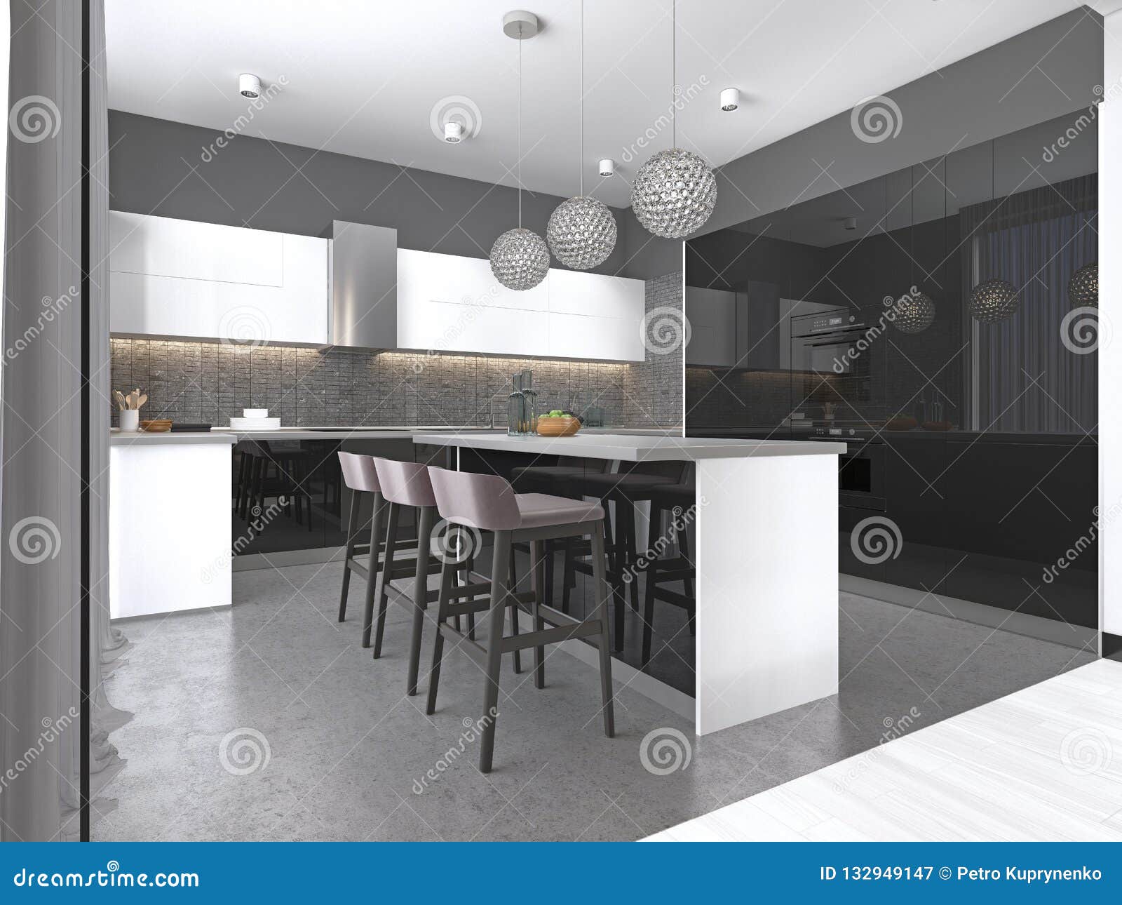 Kitchen Island With Three Bar Stools And Round Glass Chandeliers In