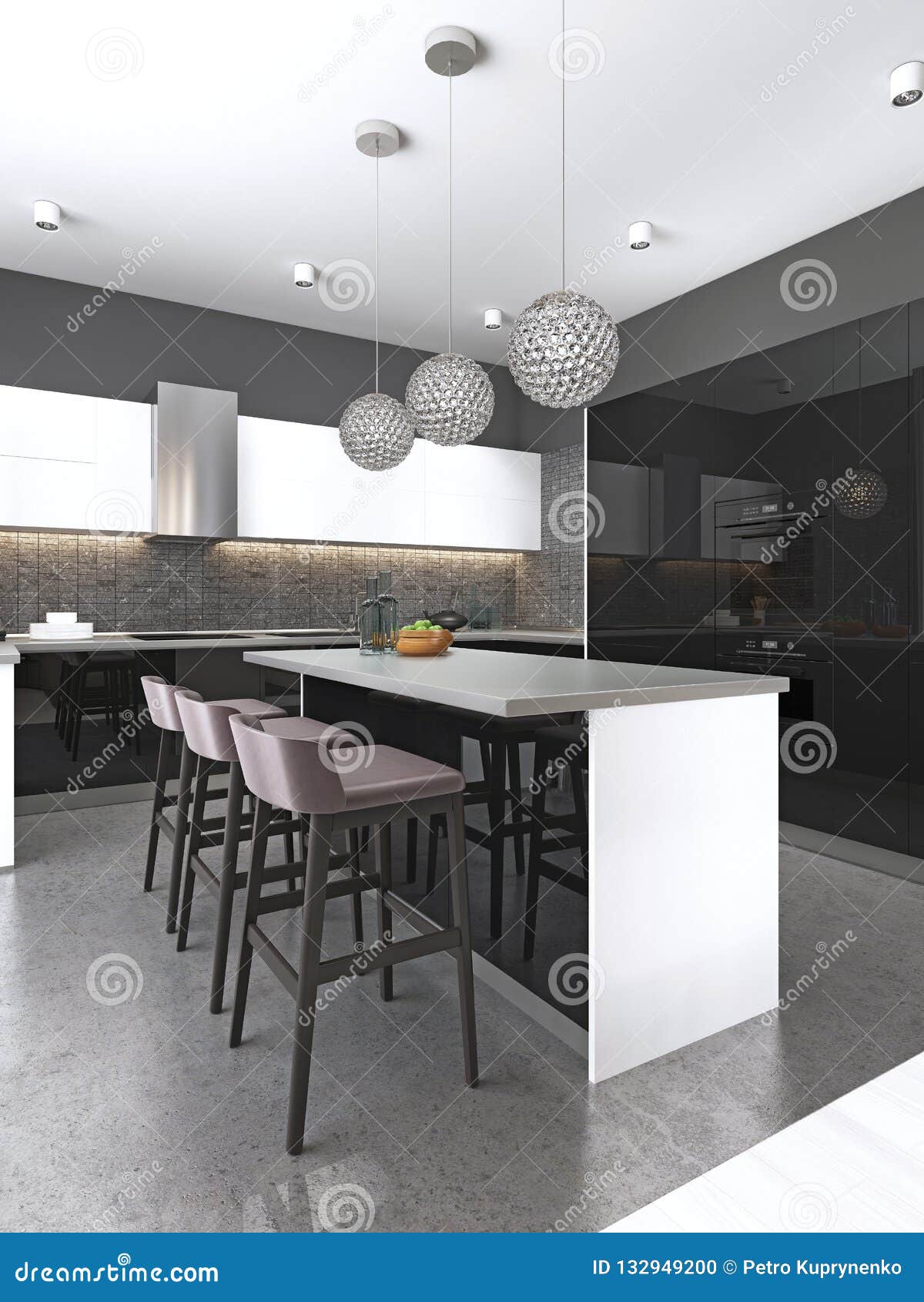 Kitchen Island With Three Bar Stools And Round Glass Chandeliers In