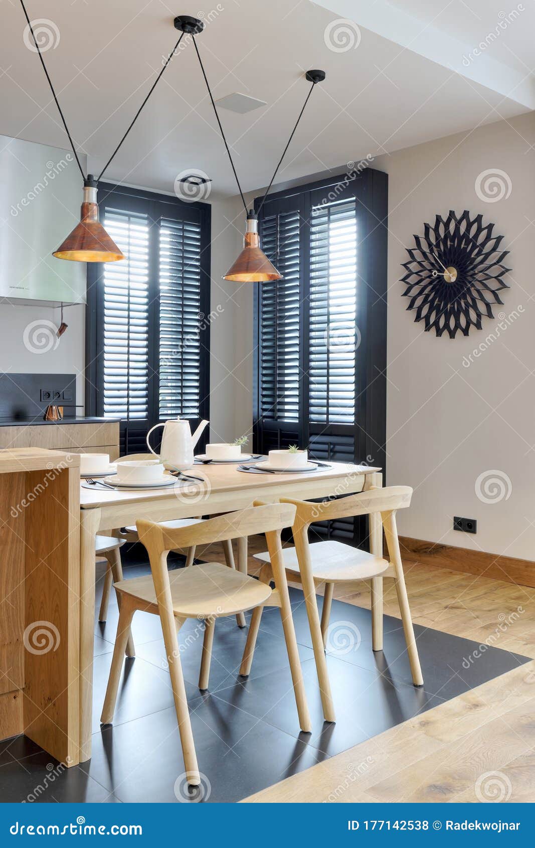 Kitchen Island With Wooden Dining Table Stock Photo Image Of Copper