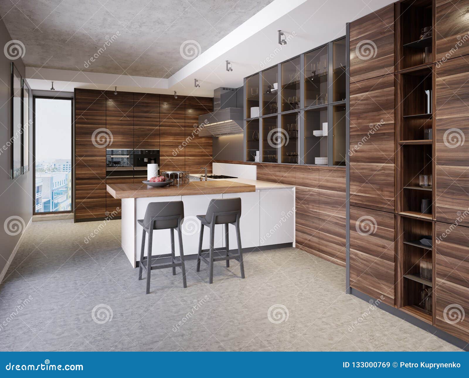 A Kitchen With A Kitchen Island With Two Chairs In A Modern