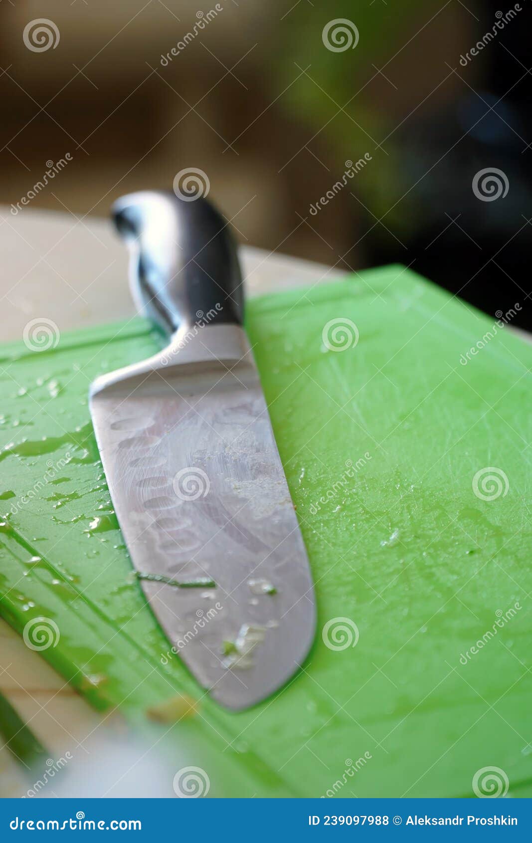 Kitchen Knife on Green Plastic Cutting Board Stock Photo Image of surface, block 239097988