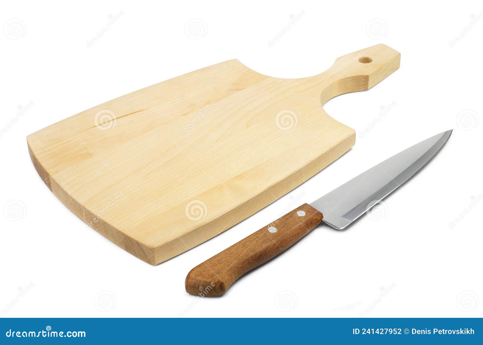 Kitchen Knife and Wooden Cutting Board Isolated on White Background