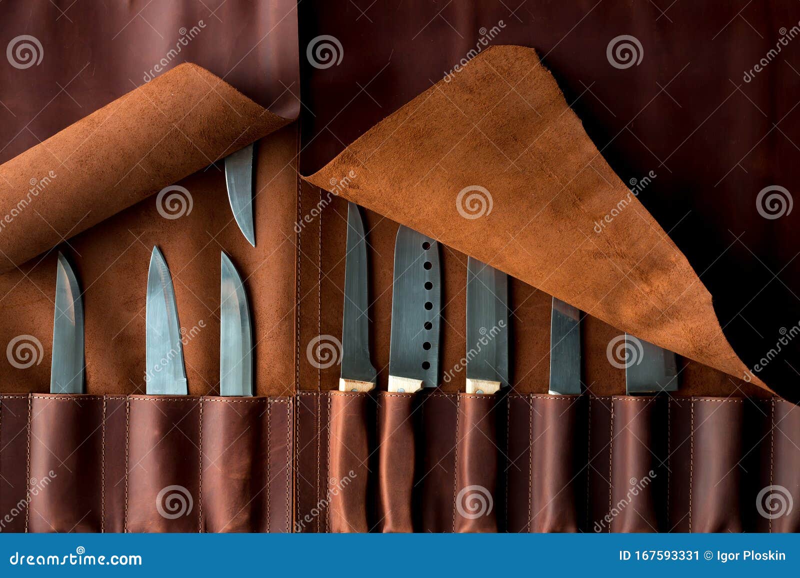 Kitchen Knives in a Leather Case Stock Image Image of cooking, object