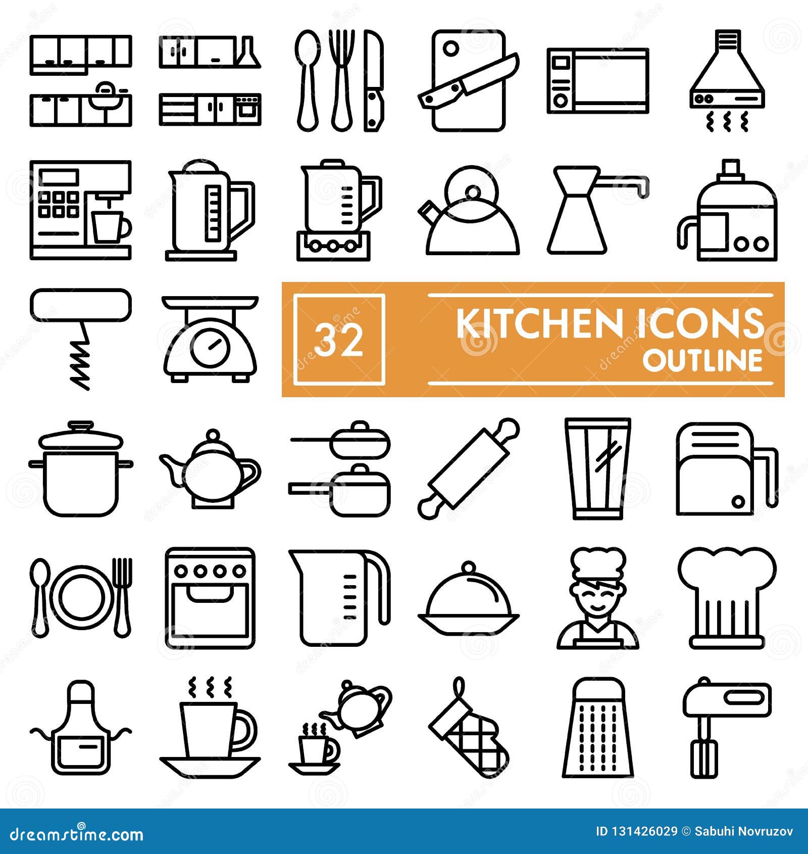 Kitchen Line Icon Set, Cooking Symbols Collection, Vector Sketches