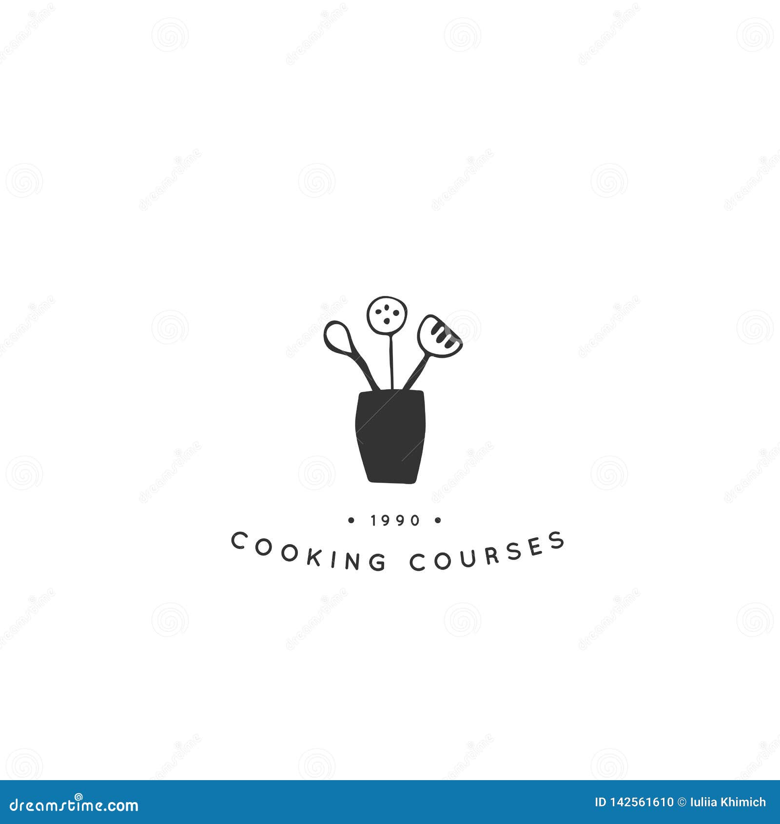 Kitchen Logo Template, a Kitchenware. Vector Hand Drawn Object. Stock