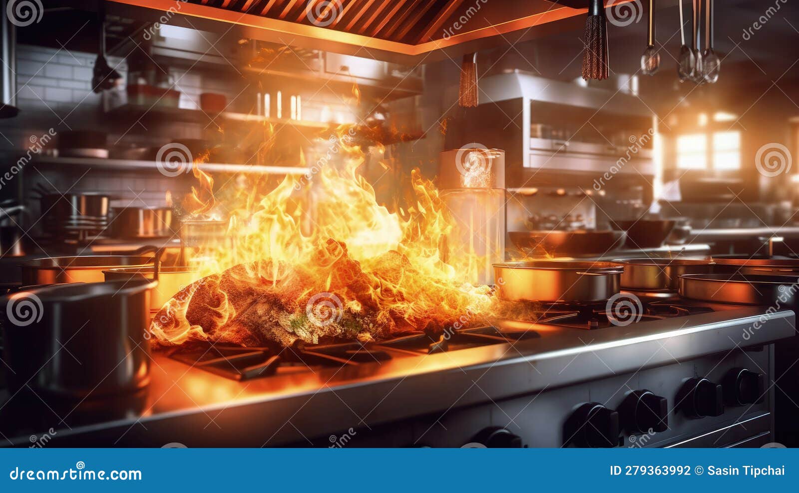 Kitchen with a Lot of Fire in the Middle of it and a Stovetop on Fire