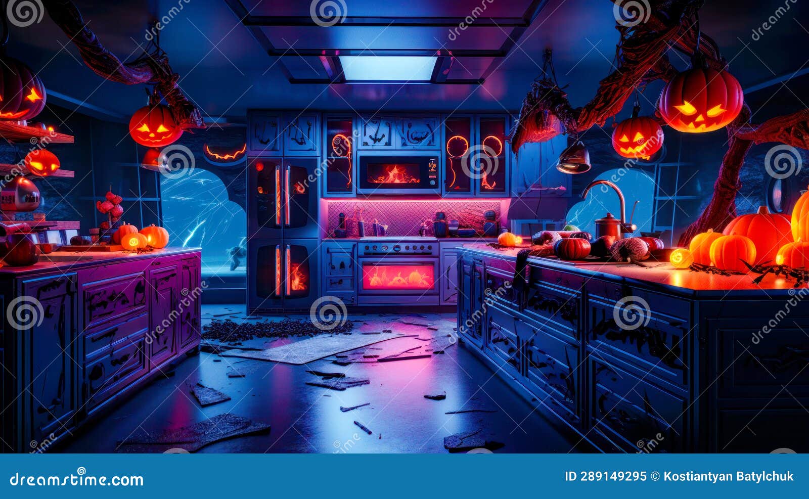 Kitchen with Lot of Halloween Decorations on the Wall and Lot of Lights