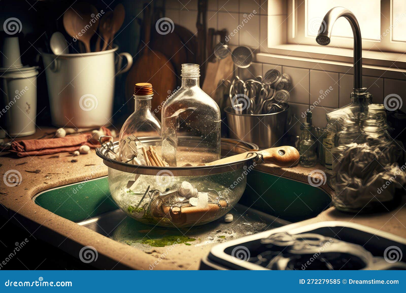 Kitchen Mess from Clogged Sink with Large Clear Bottle and Kitchen