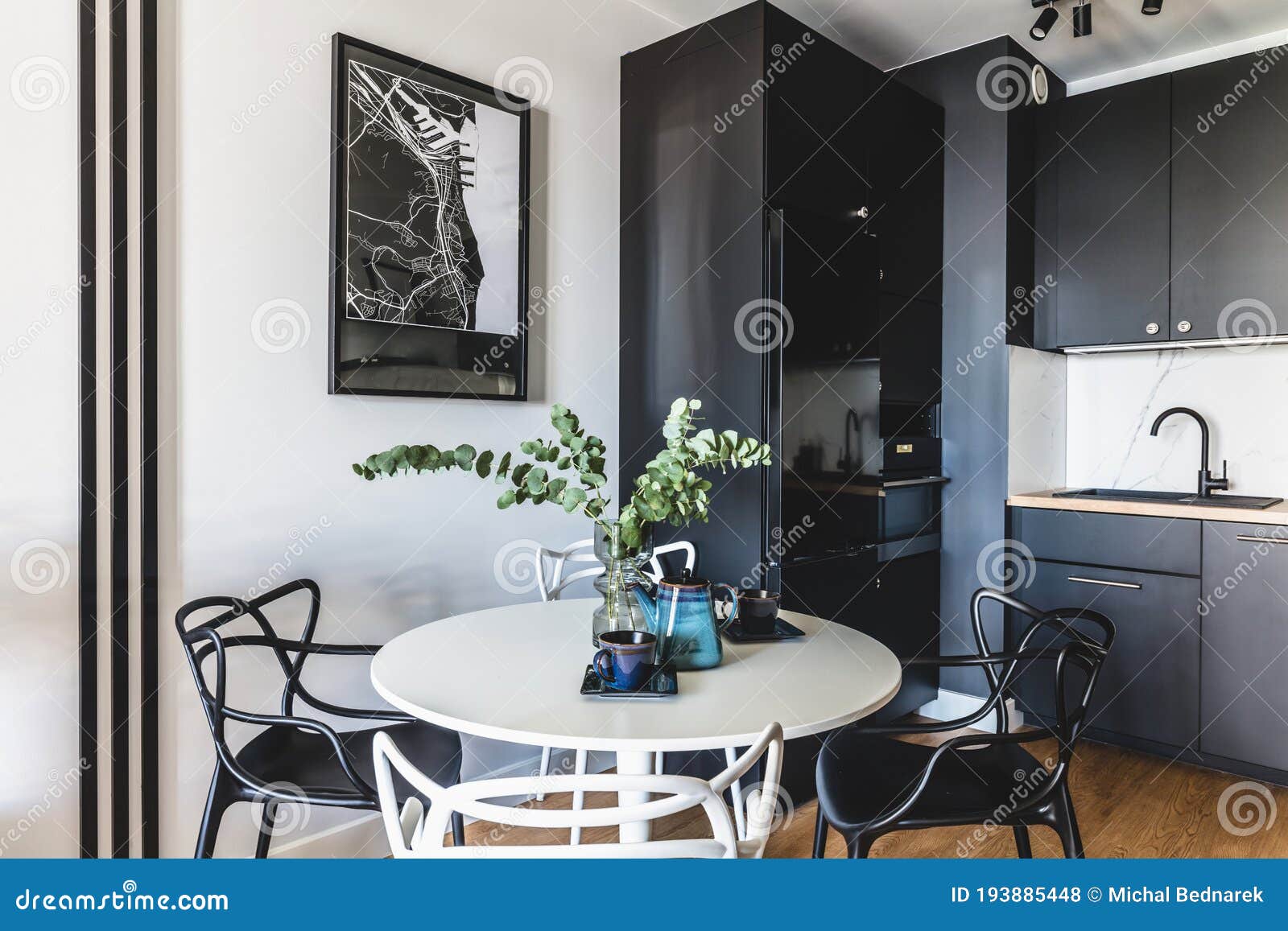 Kitchen in a Modern Studio Apartment for Rent. Interior Design Stock