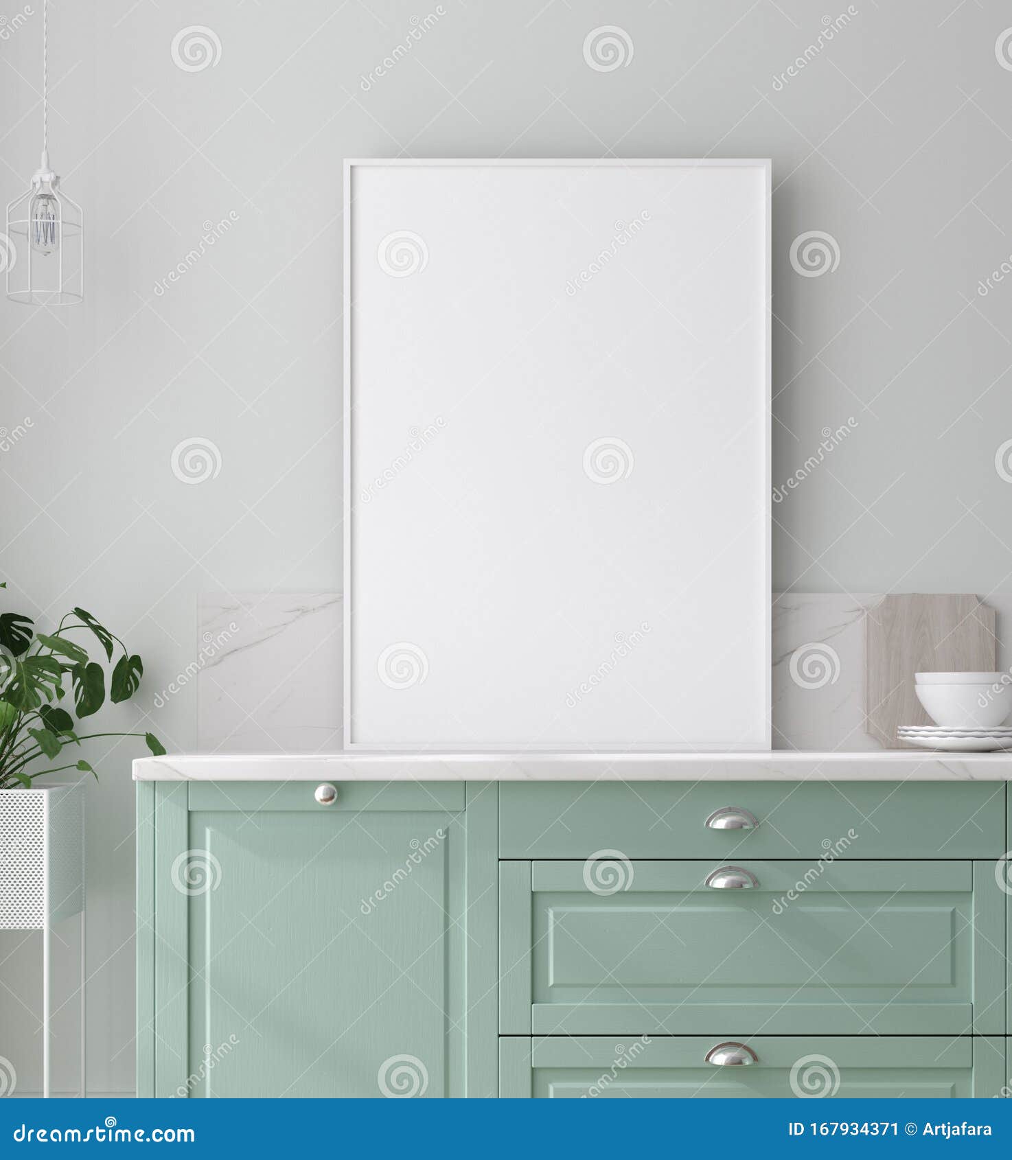 kitchen in neo mint color, wall poster mock up