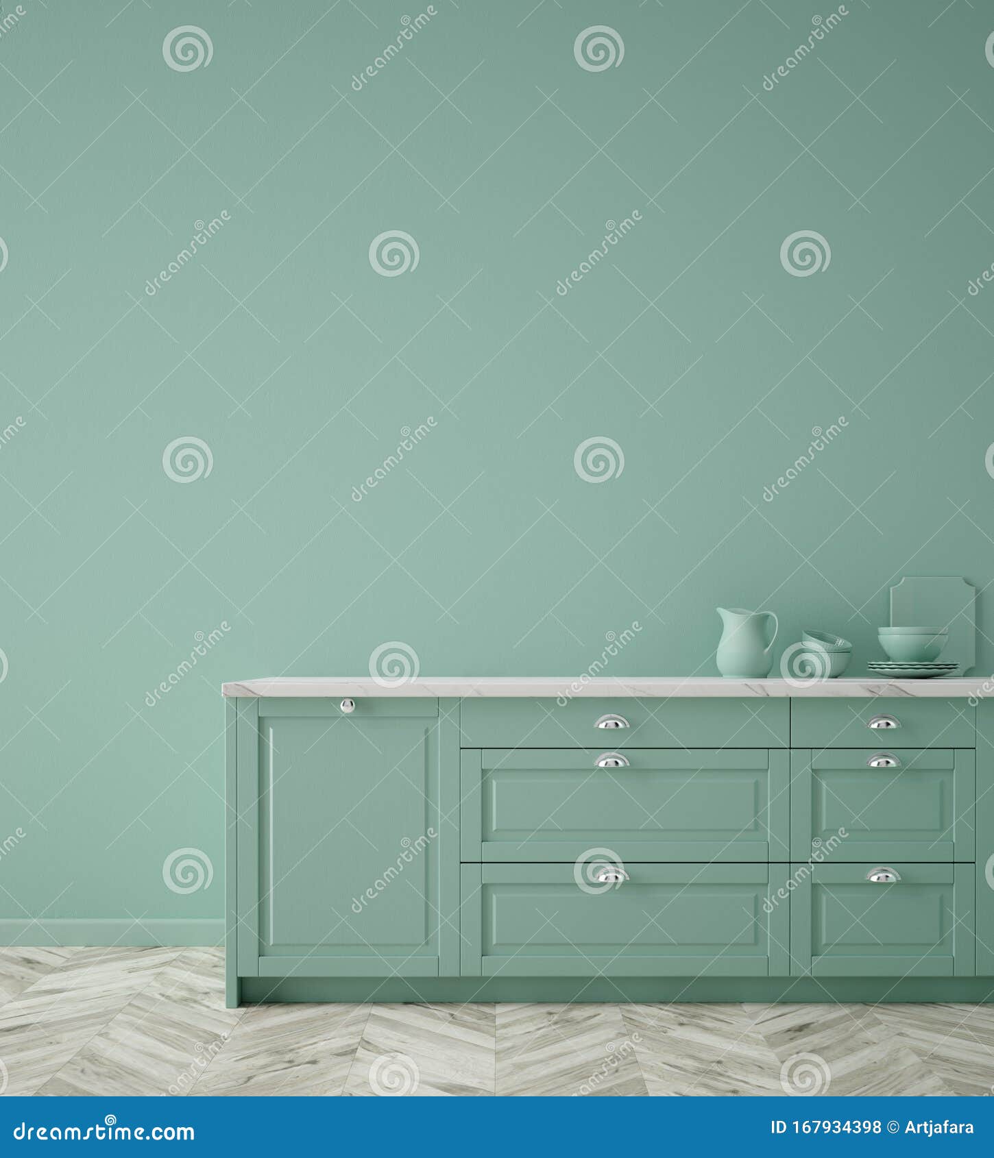 kitchen in neo mint color, wall poster mock up