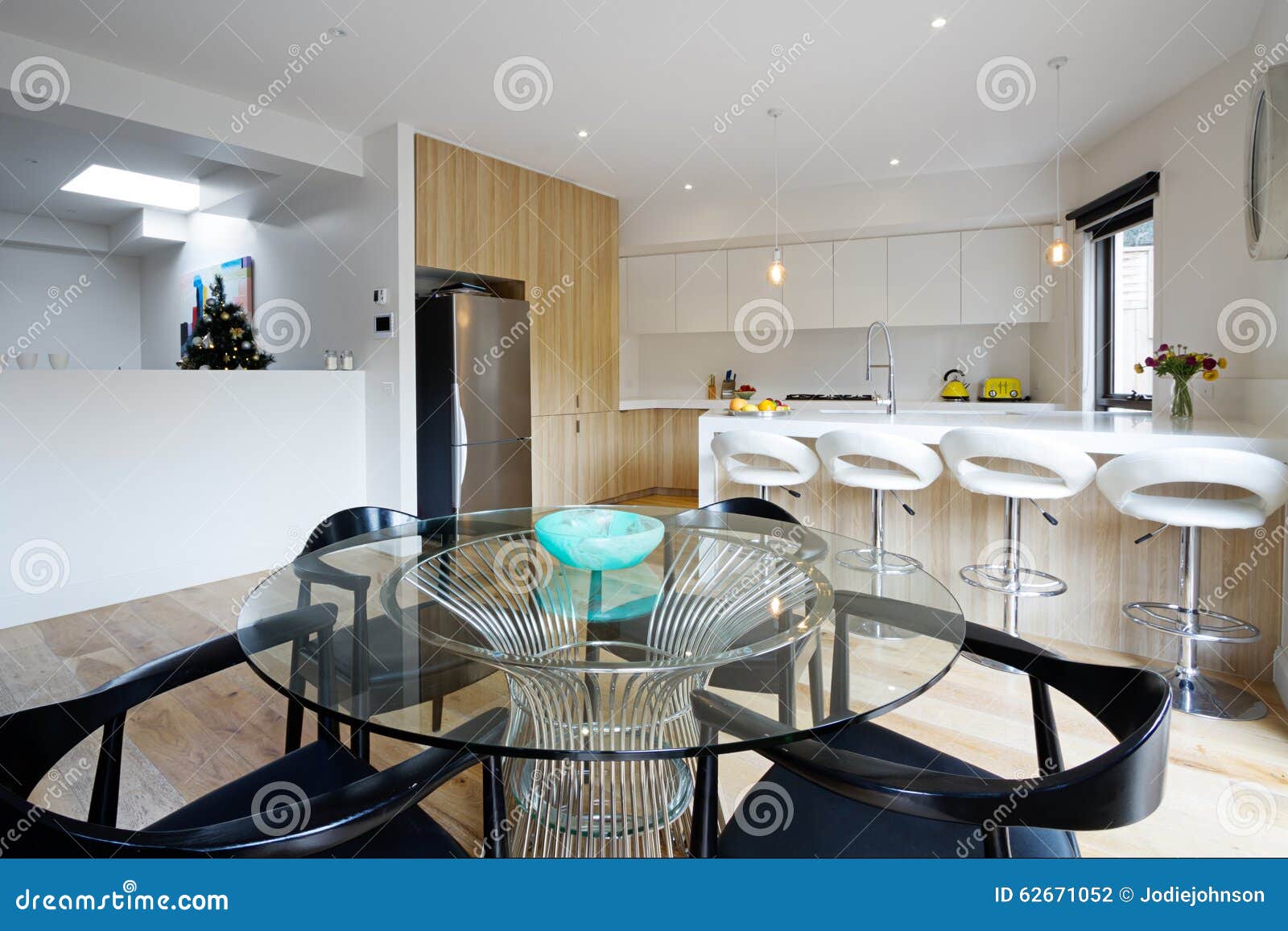 Kitchen with Open Plan Dining Area in Modern Australian Home Stock