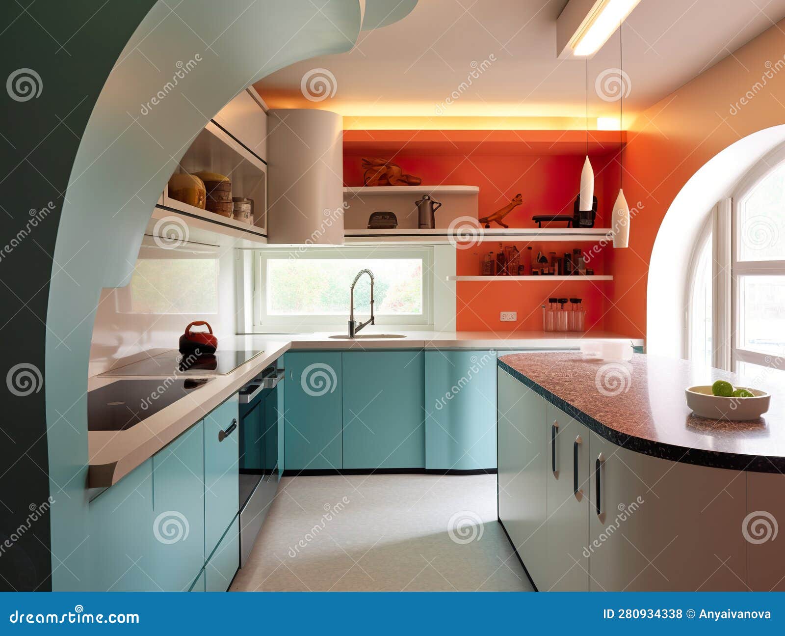 A Kitchen with Orange Walls and Blue Generative AI Image