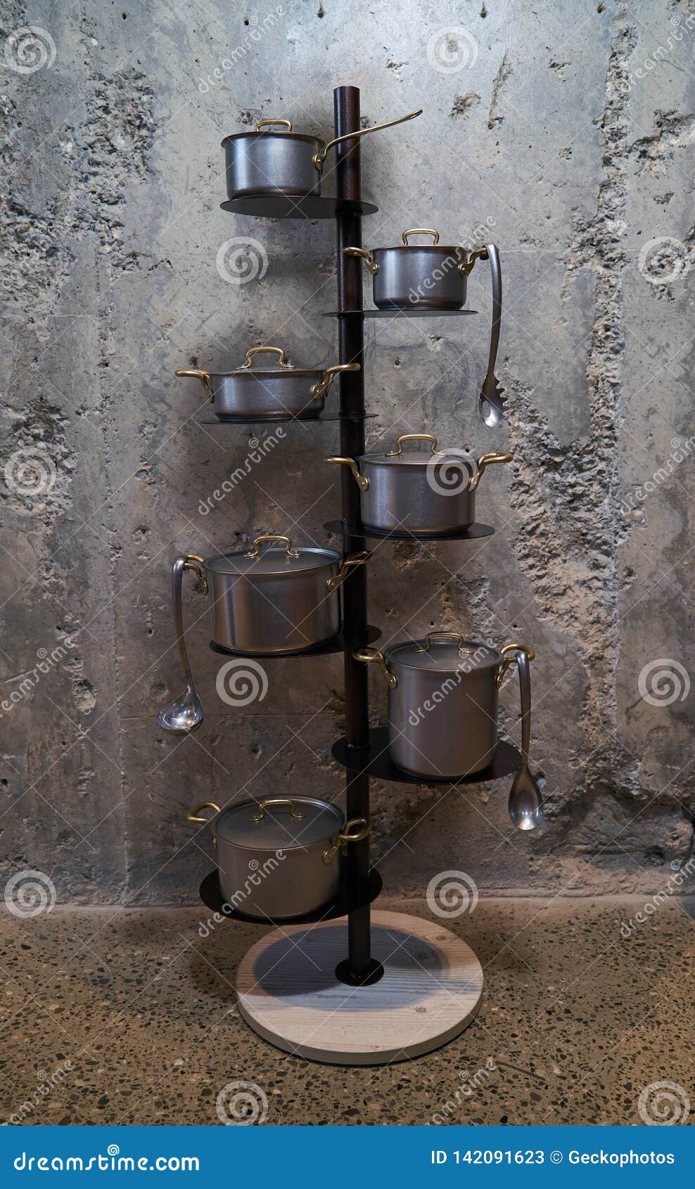 Kitchen Pan Holder Stand On Concrete Wall Background With Copy Space Stock Image Image Of Kitchen Saucepan 142091623