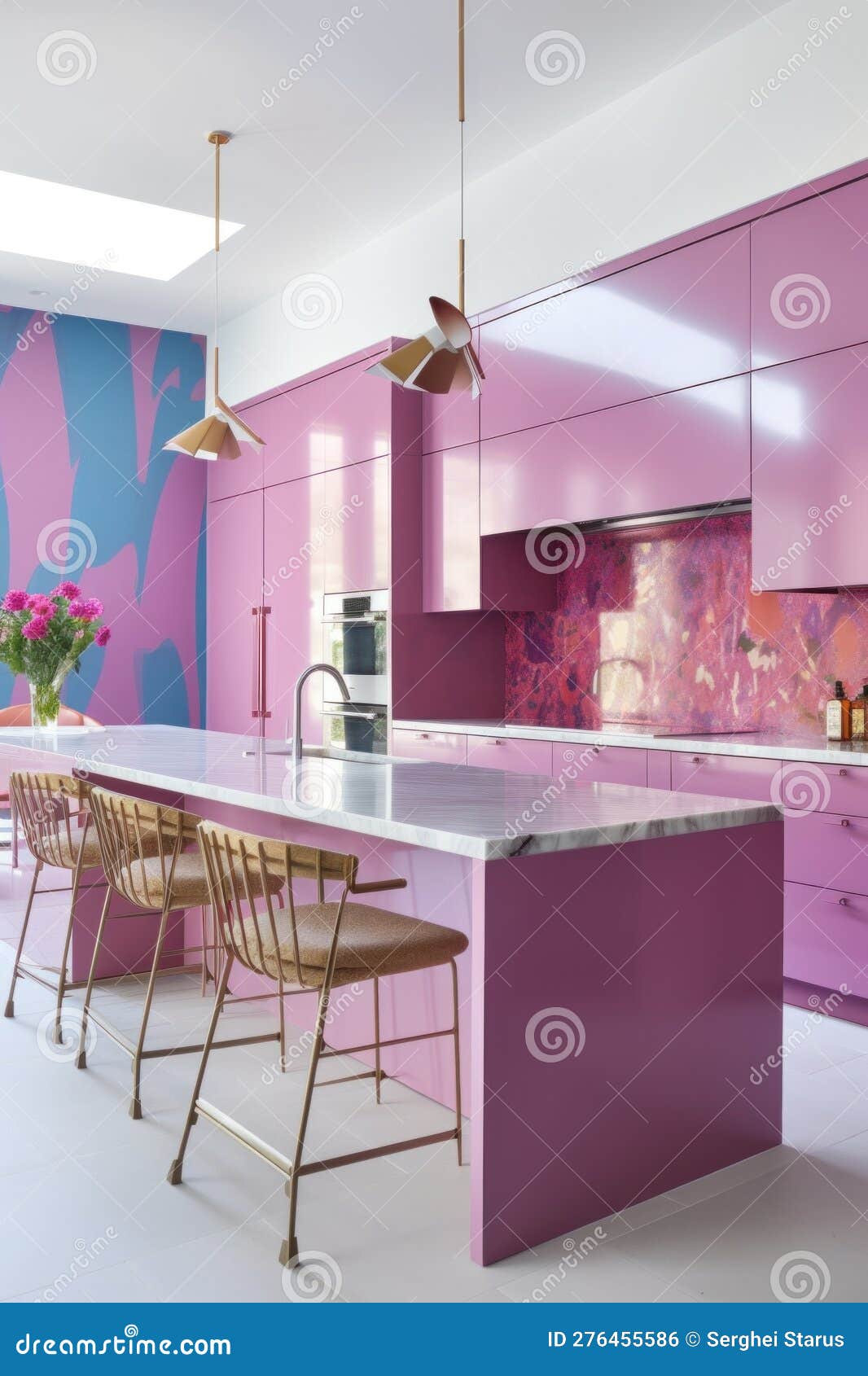 A Kitchen with Pink and a Marble Counter Top. AI Generative