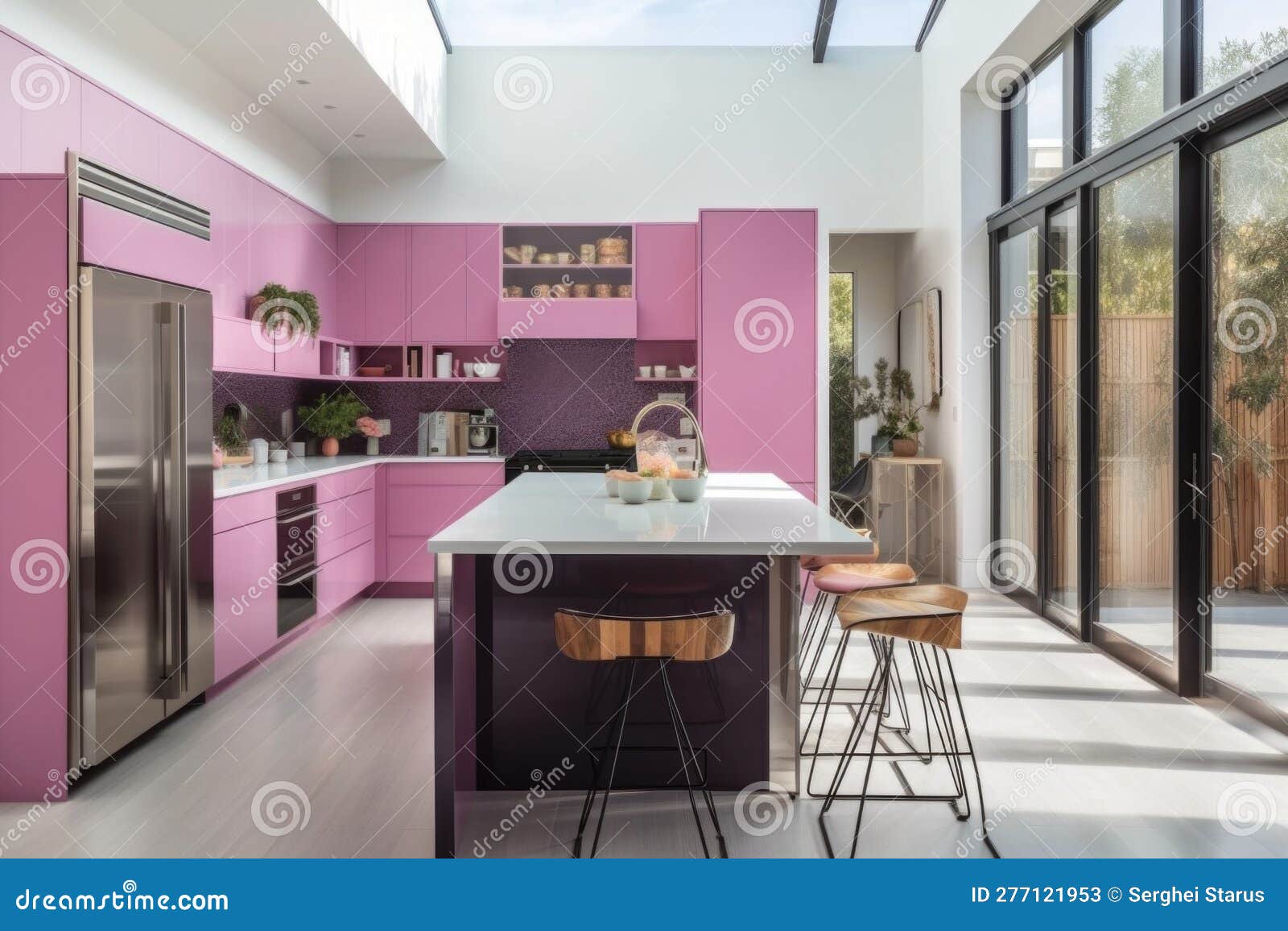 A Kitchen with Pink and White Counter Tops. Generative AI