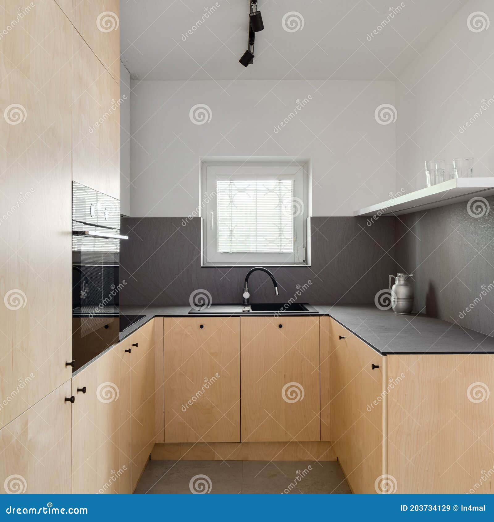Modern Beige Kitchen With Black Granite Counter Interior 3d