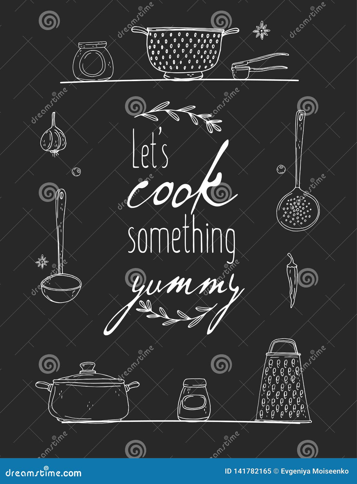 kitchen poster with hand drawn kitchenware, spice and lettering on a chalkboard