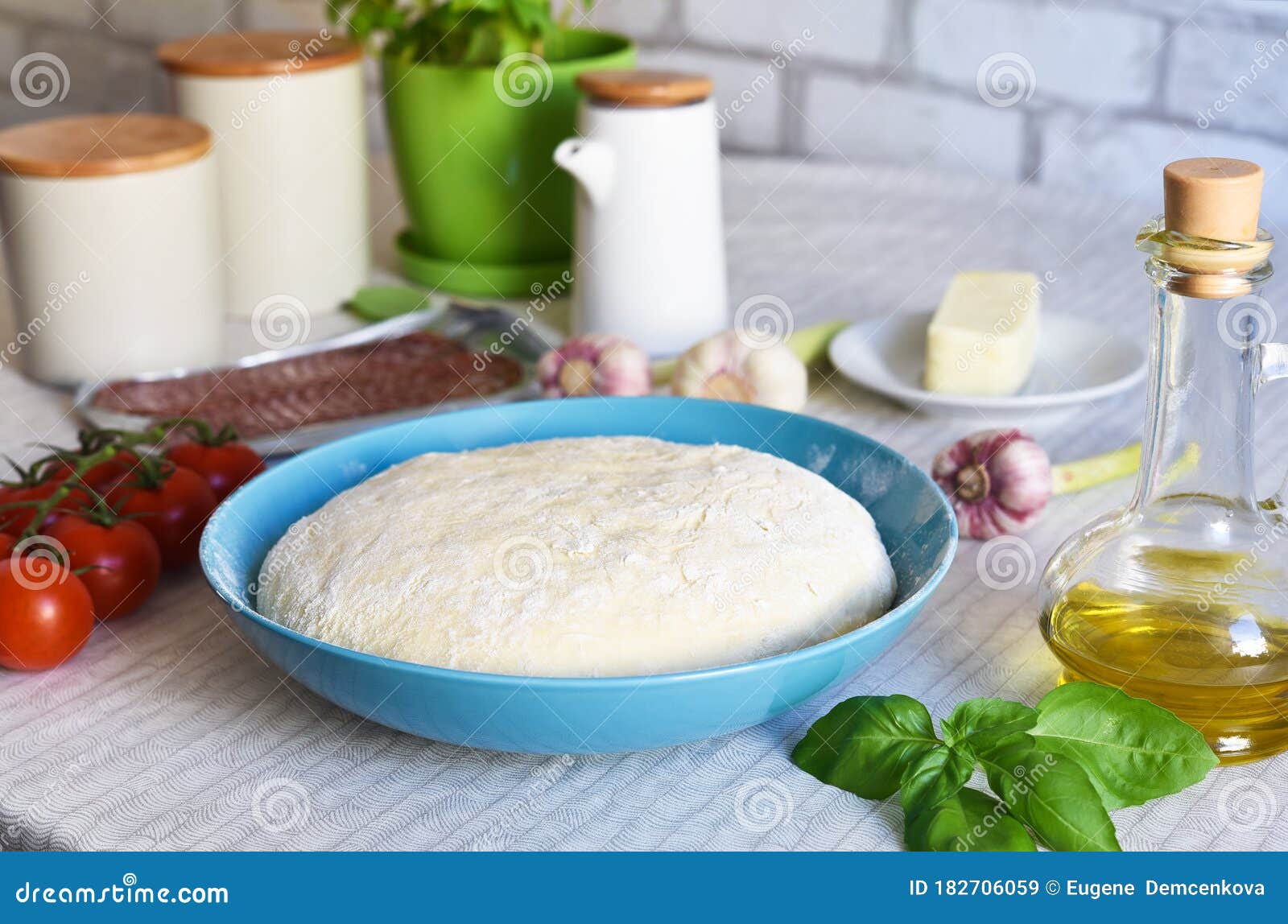 Kitchen Process for Making Pizza. Salami Pizza Ingredients Stock Image