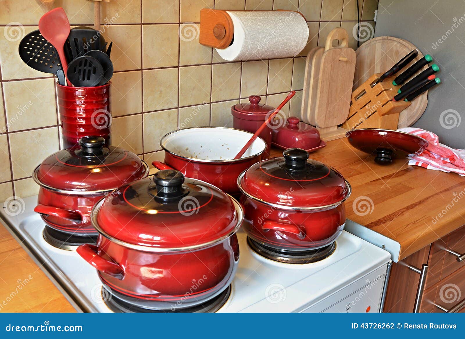 Kitchen Range with Red Pots Stock Photo Image of chopping, cover