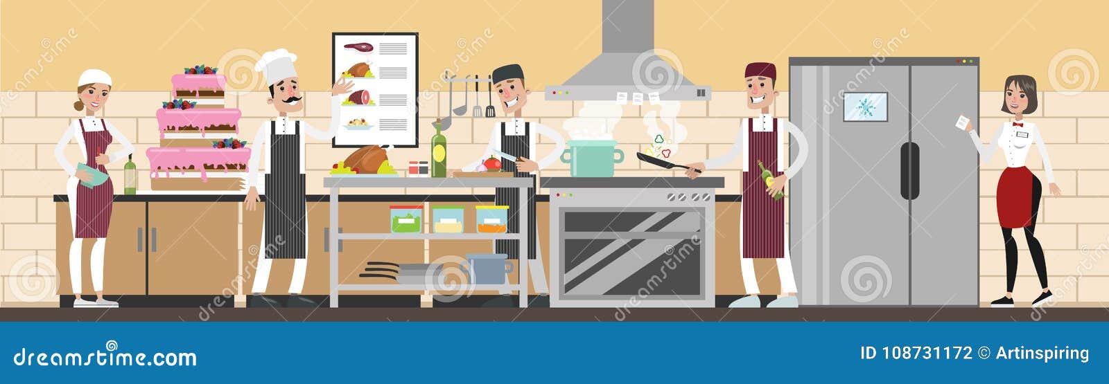 Kitchen in restaurant. stock vector. Illustration of cook - 108731172, image size:1600x555