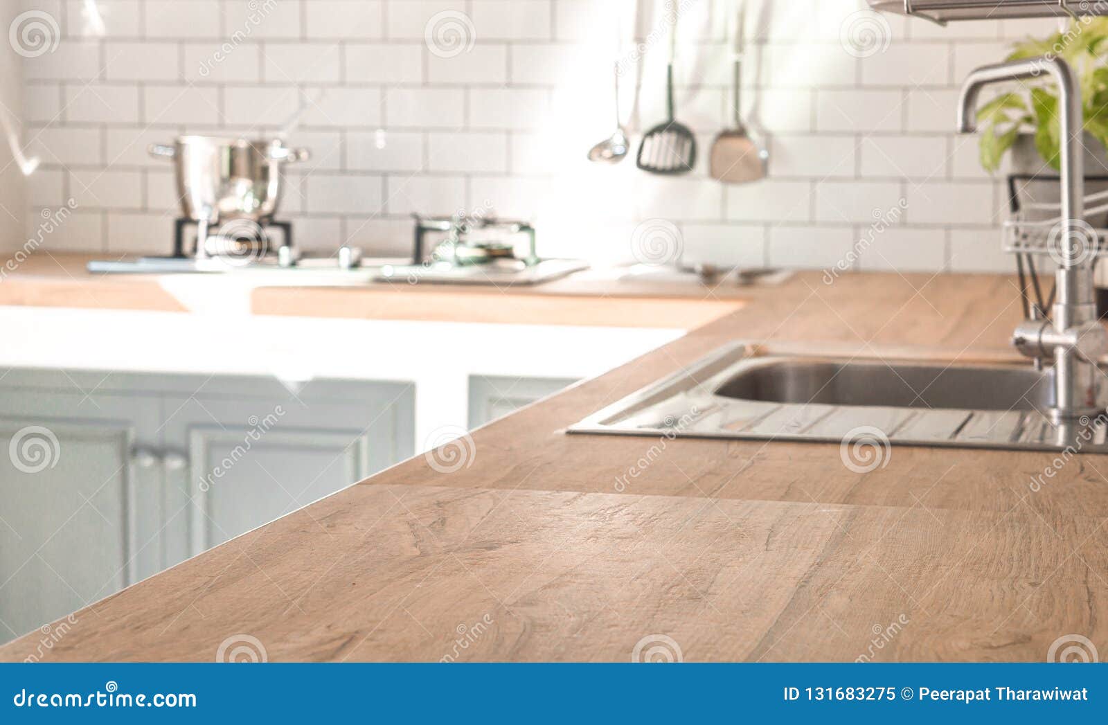 Kitchen Room And Background Concept Blurred Brown Wooden Top Of