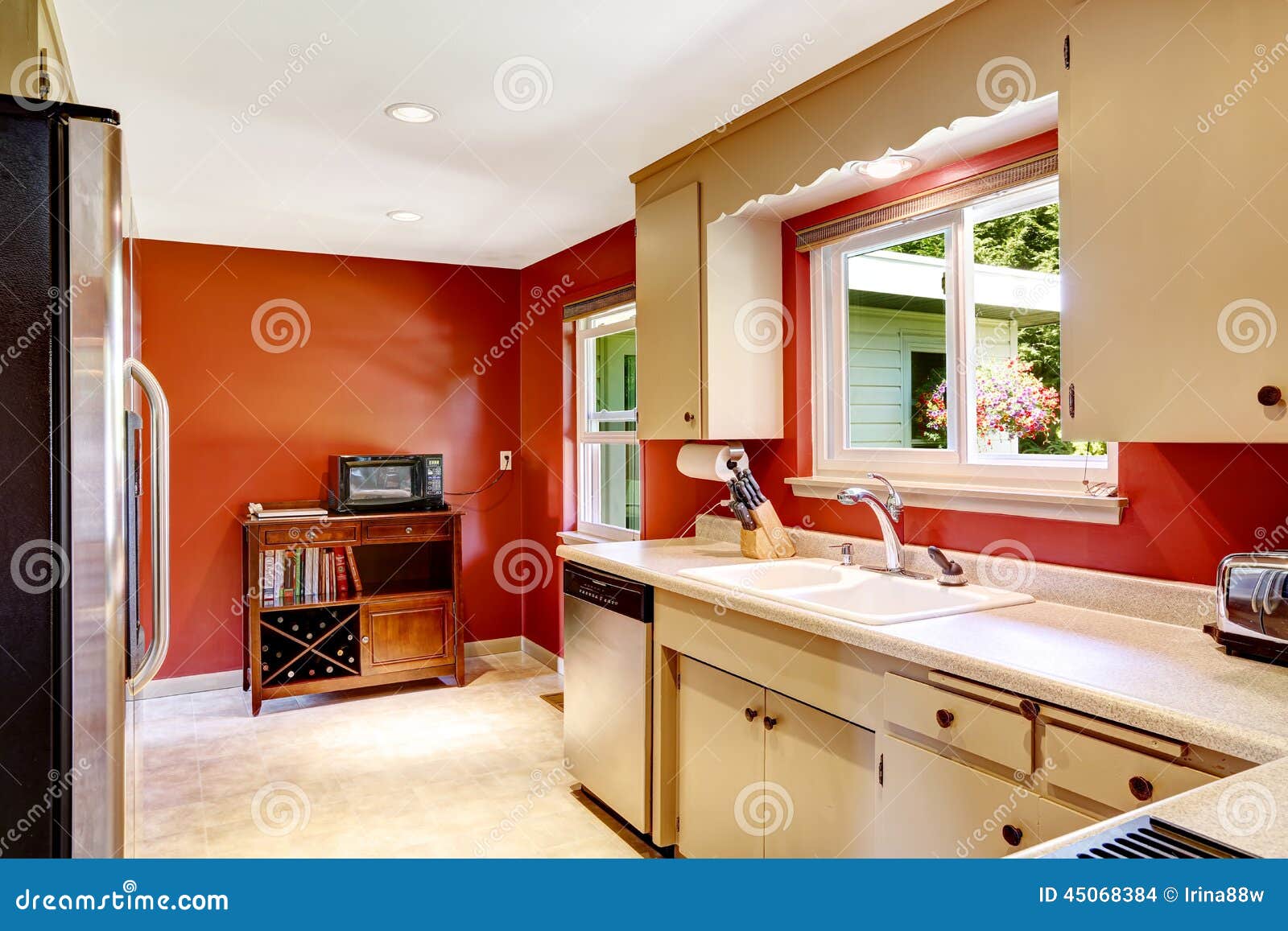 Kitchen Room with Bright Red Walls Stock Photo Image of clean