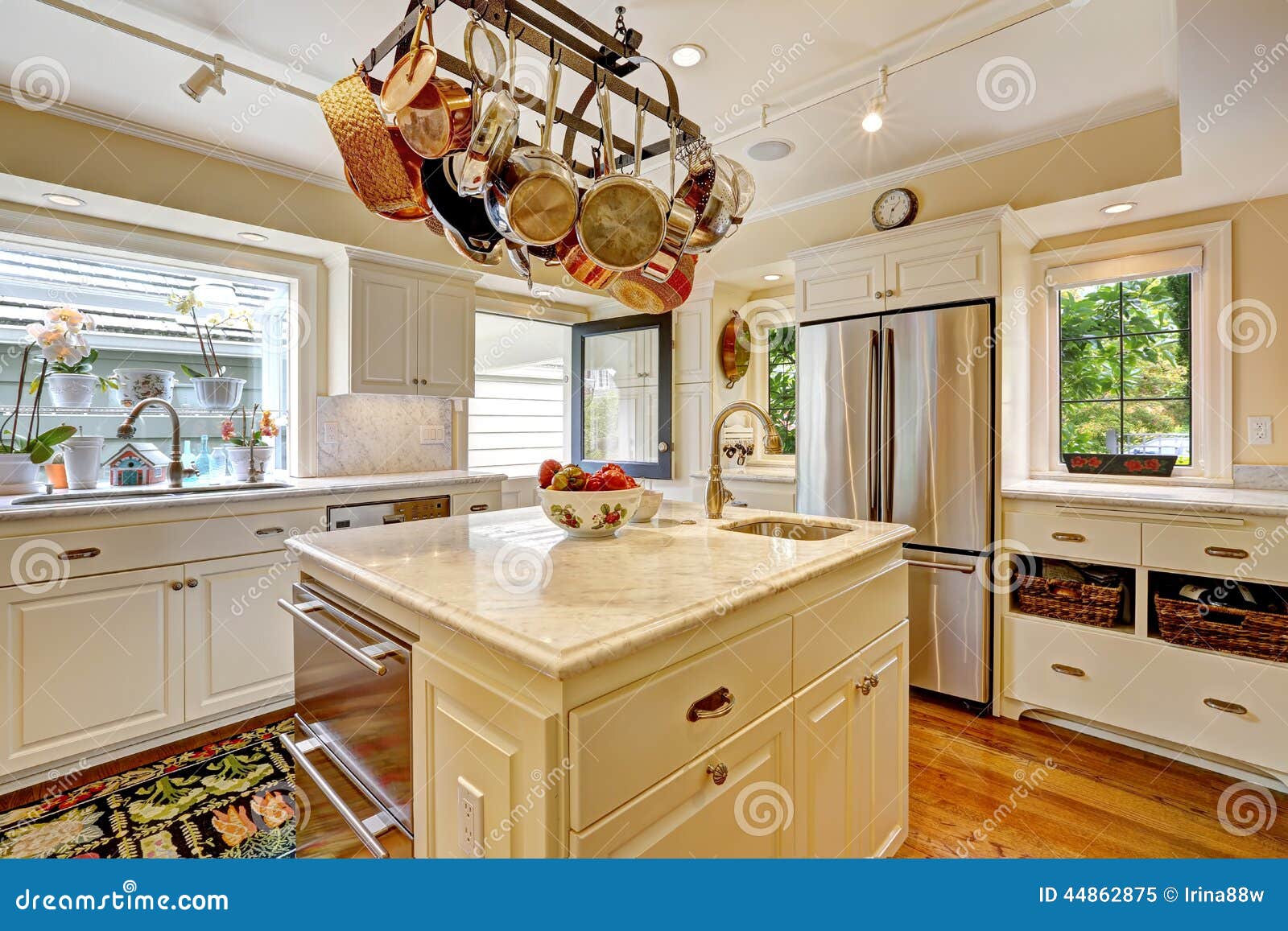 Kitchen Room with Island and Hanging Pot Rack Stock Image Image of