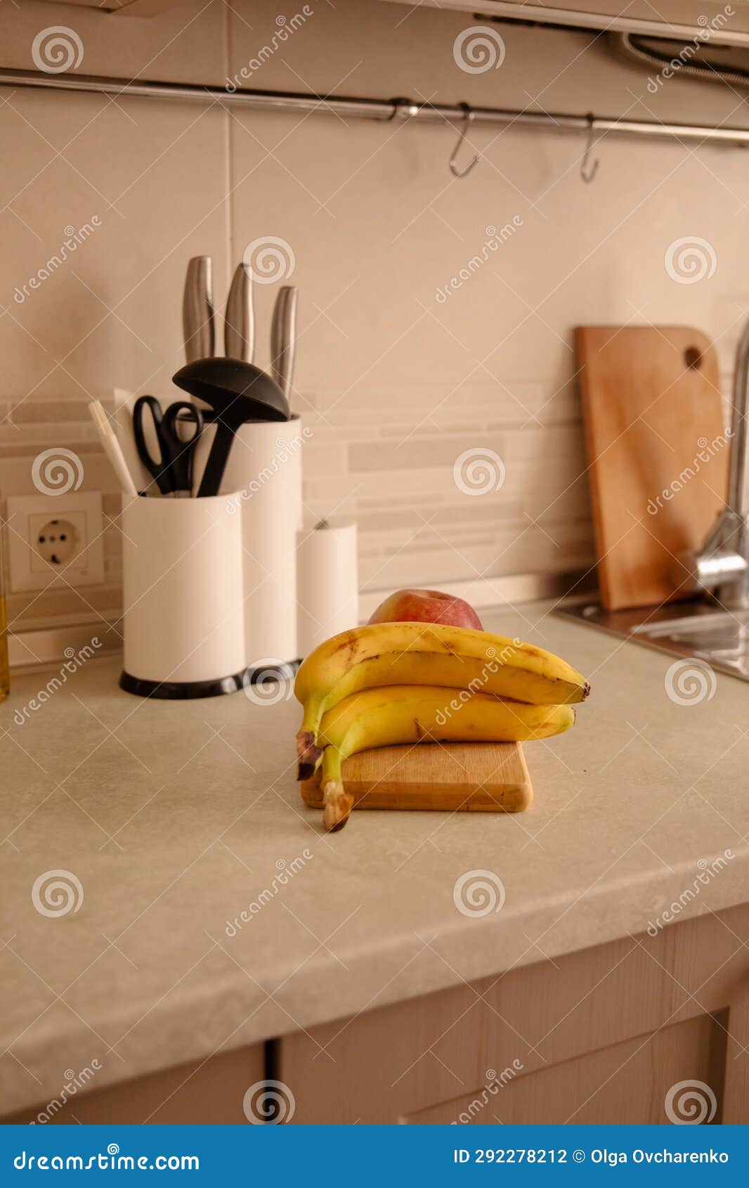 Kitchen Scene with Bananas and Mixed Fruits Stock Photo Image of