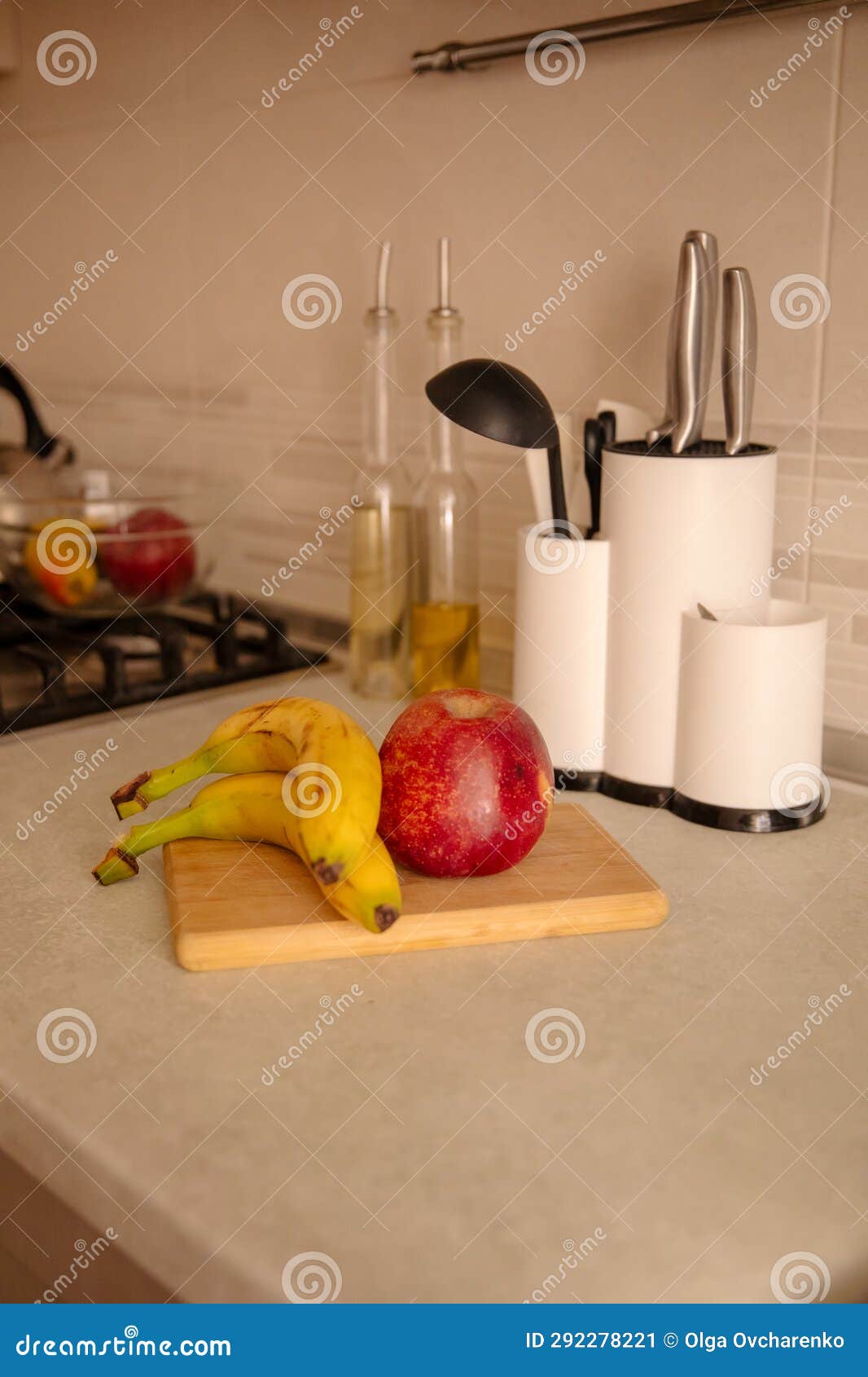 Kitchen Scene with Bananas and Mixed Fruits Stock Image Image of