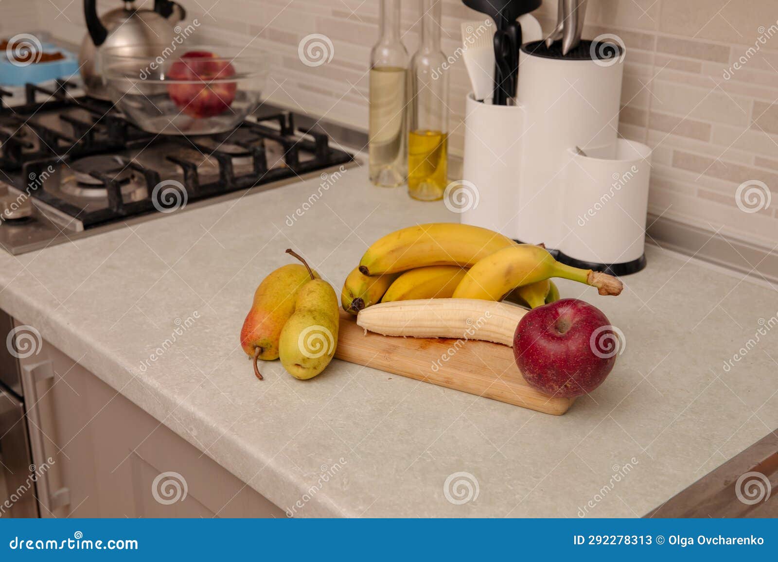 Kitchen Scene with Bananas and Mixed Fruits Stock Image Image of