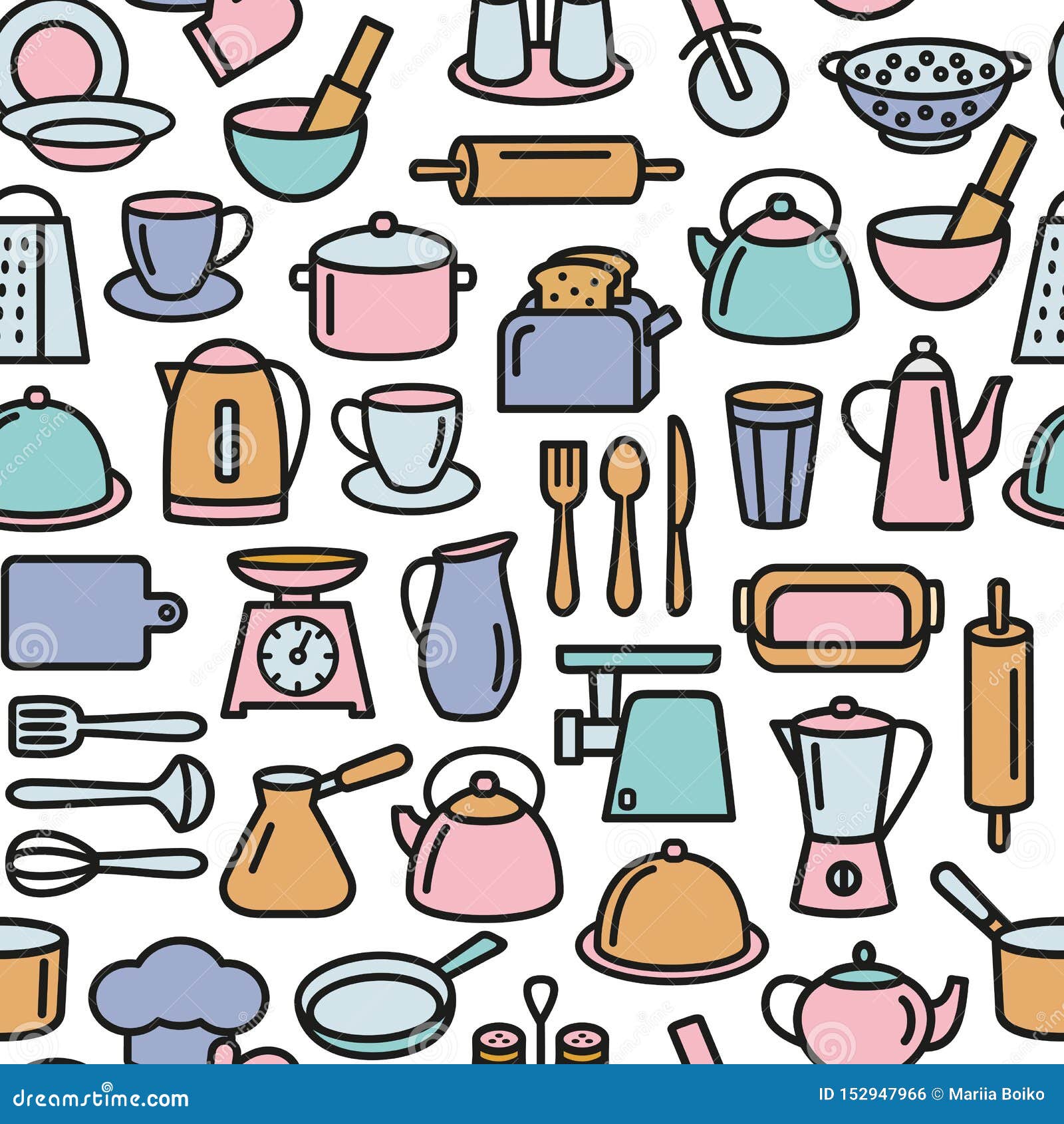 Seamless pattern with kitchen utensils. Cooking tools for home and
