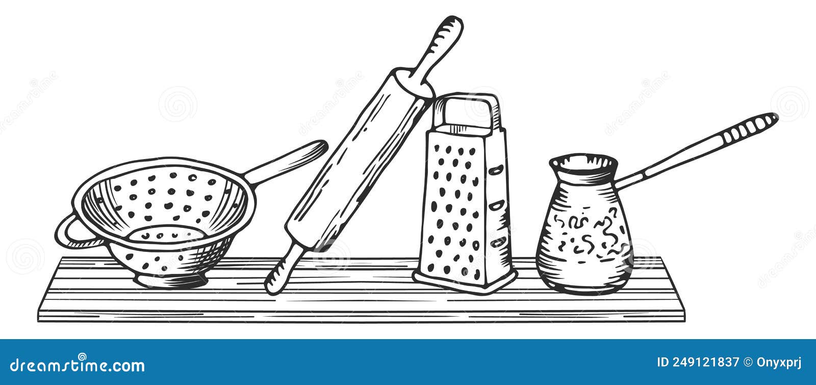 Kitchen Shelf with Different Tools. Cooking Equipment Sketch Stock