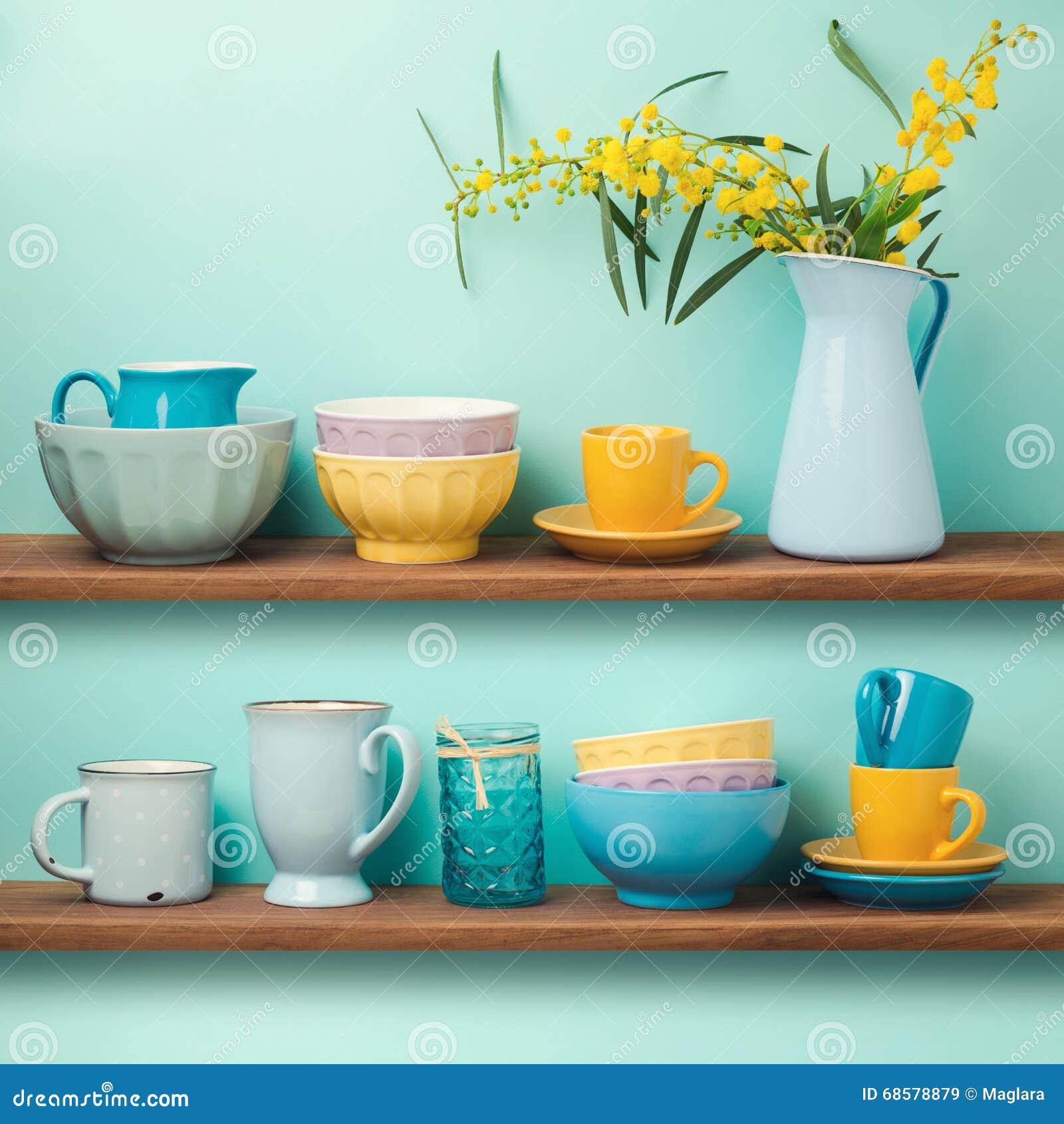 Kitchen Shelves With Cups And Dishes Stock Image Image of still