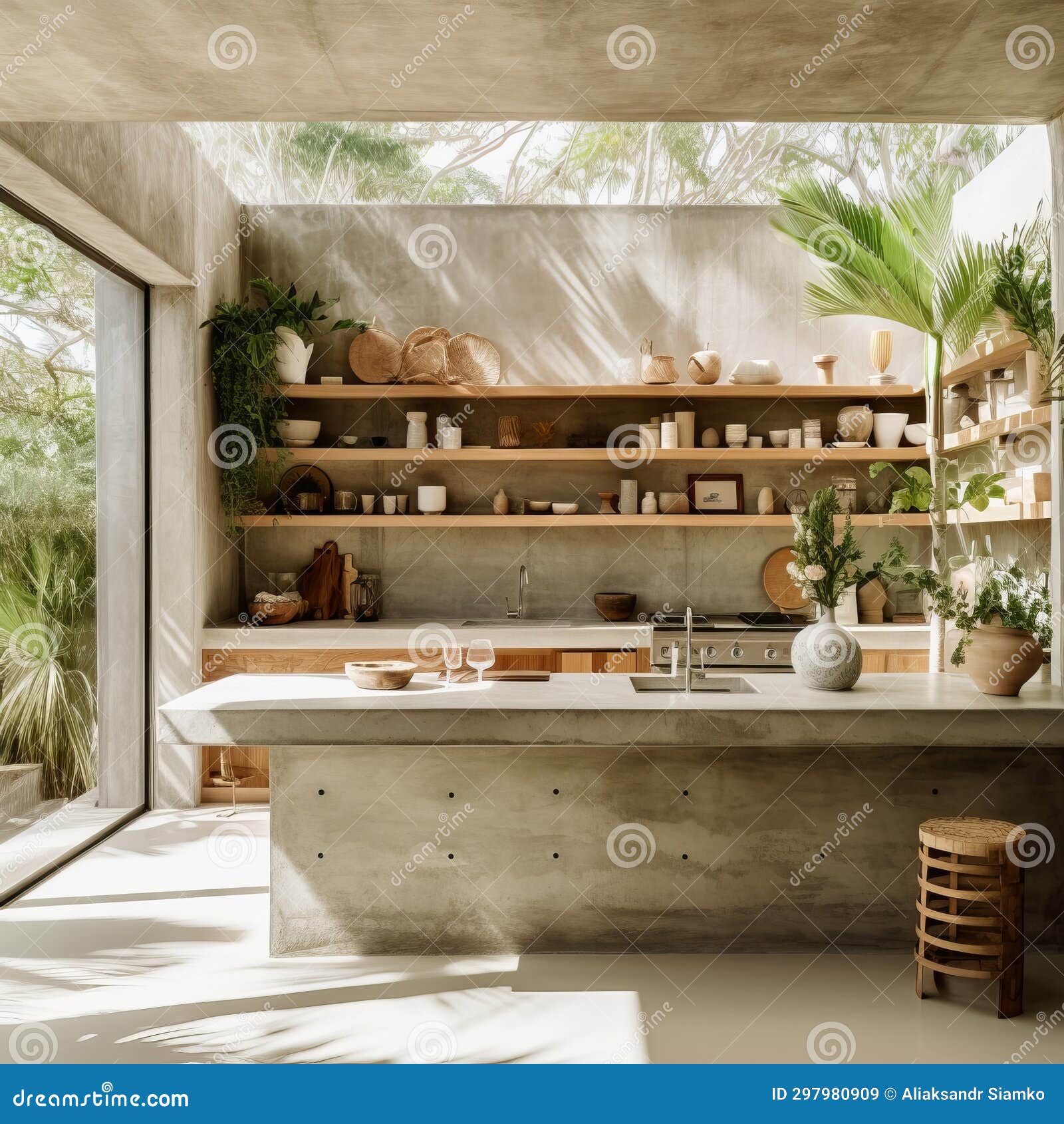 A Kitchen with Shelves and Plants Stock Image Image of furniture