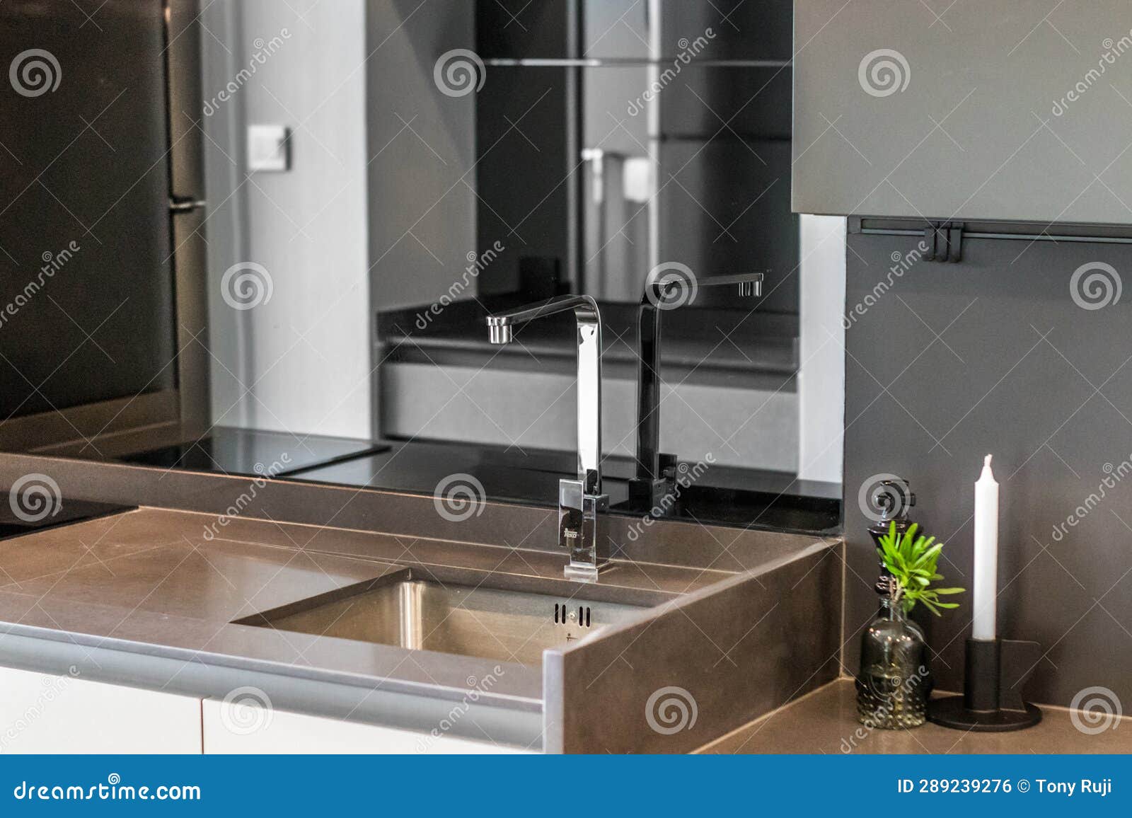 Kitchen Sink with Black Tiles Stock Photo Image of granite, tile