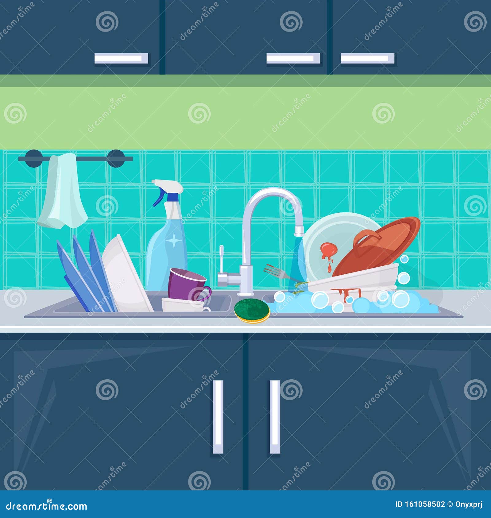 Kitchen Sink Dirty Dishes. Background with Plates Bowls Mugs for Water  Cleaning Vector Cartoon Illustration Stock Vector - Illustration of  kitchenware, group: 161058502