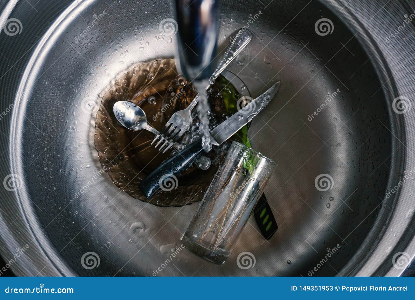 Kitchen Sink with Dirty Pots, Flowing Tap Stock Image Image of